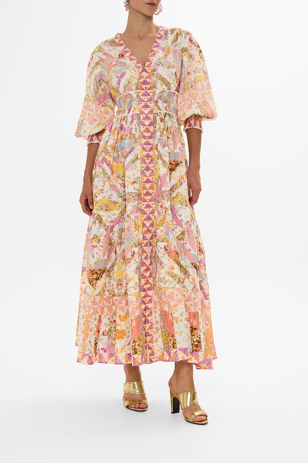 CAMILLA retro floral shirred waistband long dress in Sew Yesterday print.