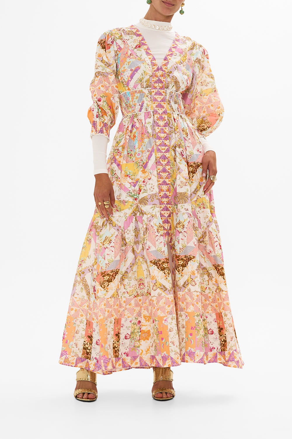 CAMILLA retro floral shirred waistband long dress in Sew Yesterday print.