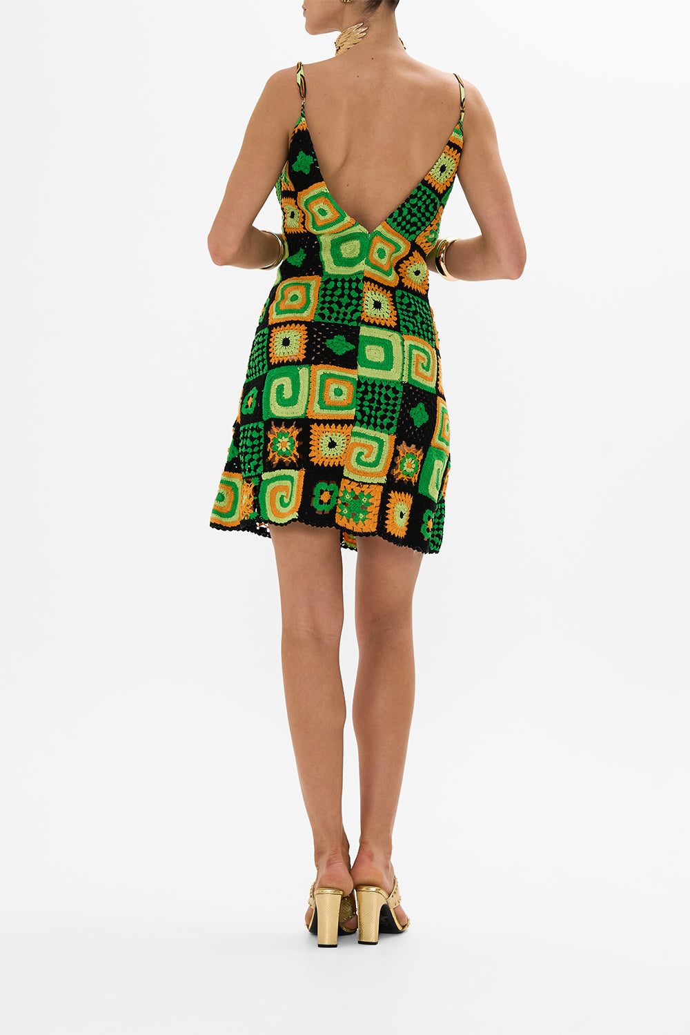 CAMILLA green mini crochet dress with silk top in Good Vibes Generation print.